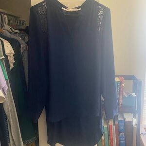 Jolt Navy Lace-Trim V-Neck Long Sleeve Top